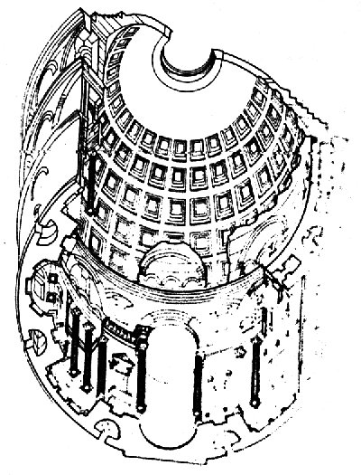 Arquitectura Romana (699, 700, 701)  PANTEÓN: perspectiva axonométrica; c. 118-c. 128 d. J.C. Diámetro de la cúpula: 43,40 m. la mayor de la Antigüedad. Roma.
